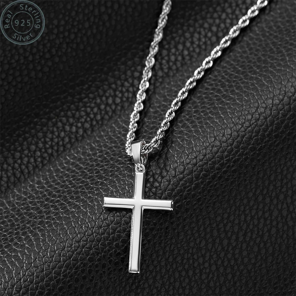 925 Sterling Silver Cross Necklace for Men with 3.5mm 925 sterling silver Twist Clasp Rope Chain Cross Pendant Necklace