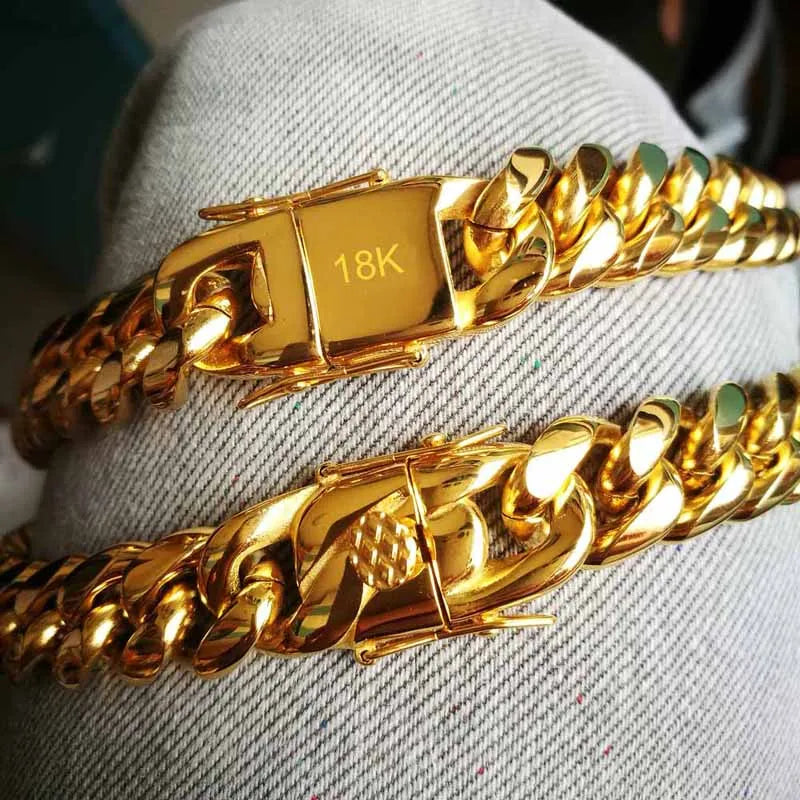 Stainless Steel Miami Curb Cuban Chain Bracelets Hip Hop 18K Stamp Gold Plated Jewelry Men Women Lock Clasp Bangles 7 ~8.5 inch