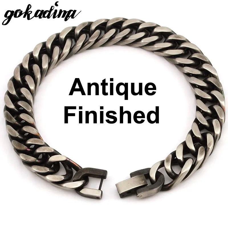 GOKADIMA 2025 Rock Man Antique Finished Stainless Steel Cuban Chain Bracelet Men Wrist Hand Jewelry Gift Party