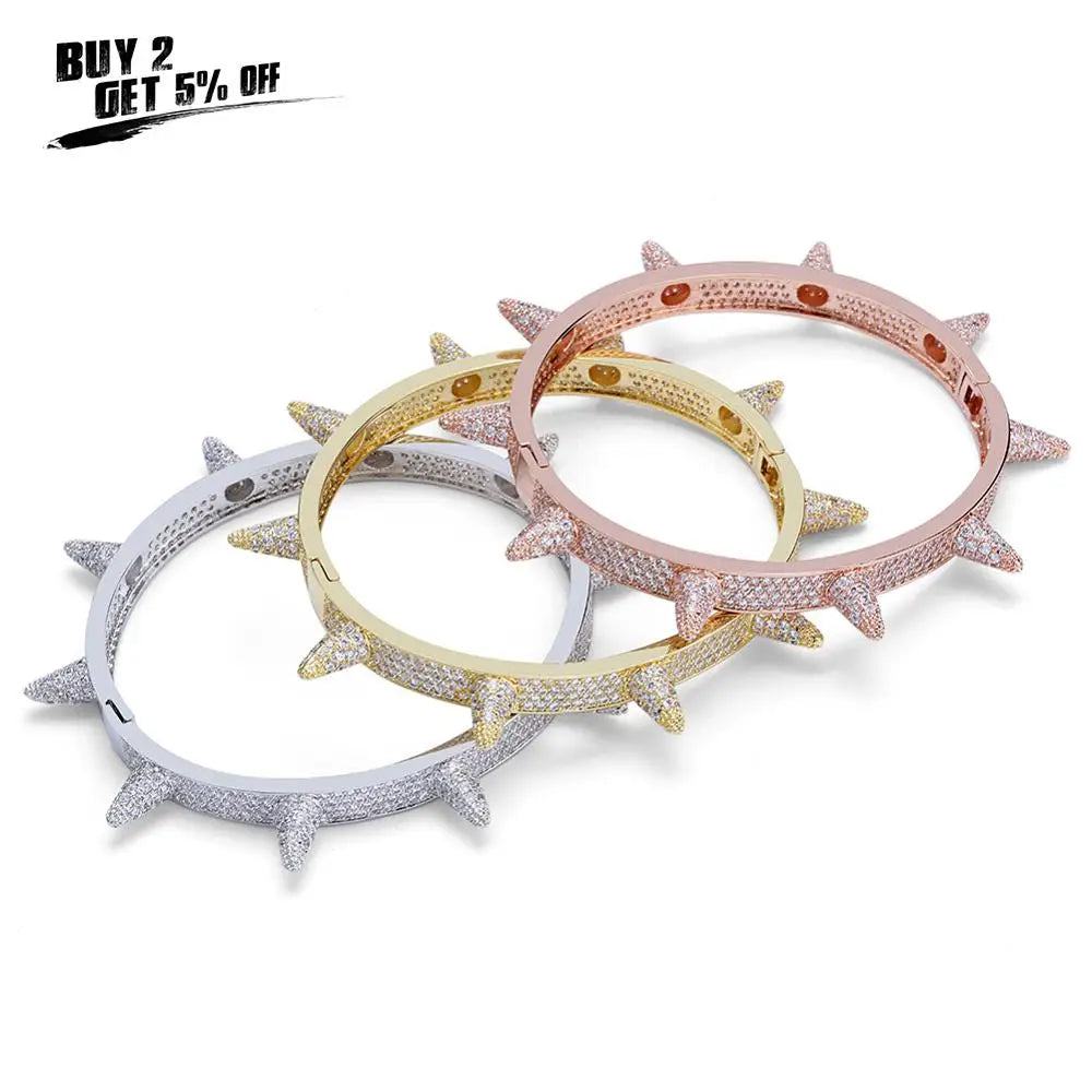 Luxury Iced Out Bling Cubic Zircon Hip Hop Rose Gold Color Silver Color Rivet Bracelets Spike Bangles Gifts for Men Women