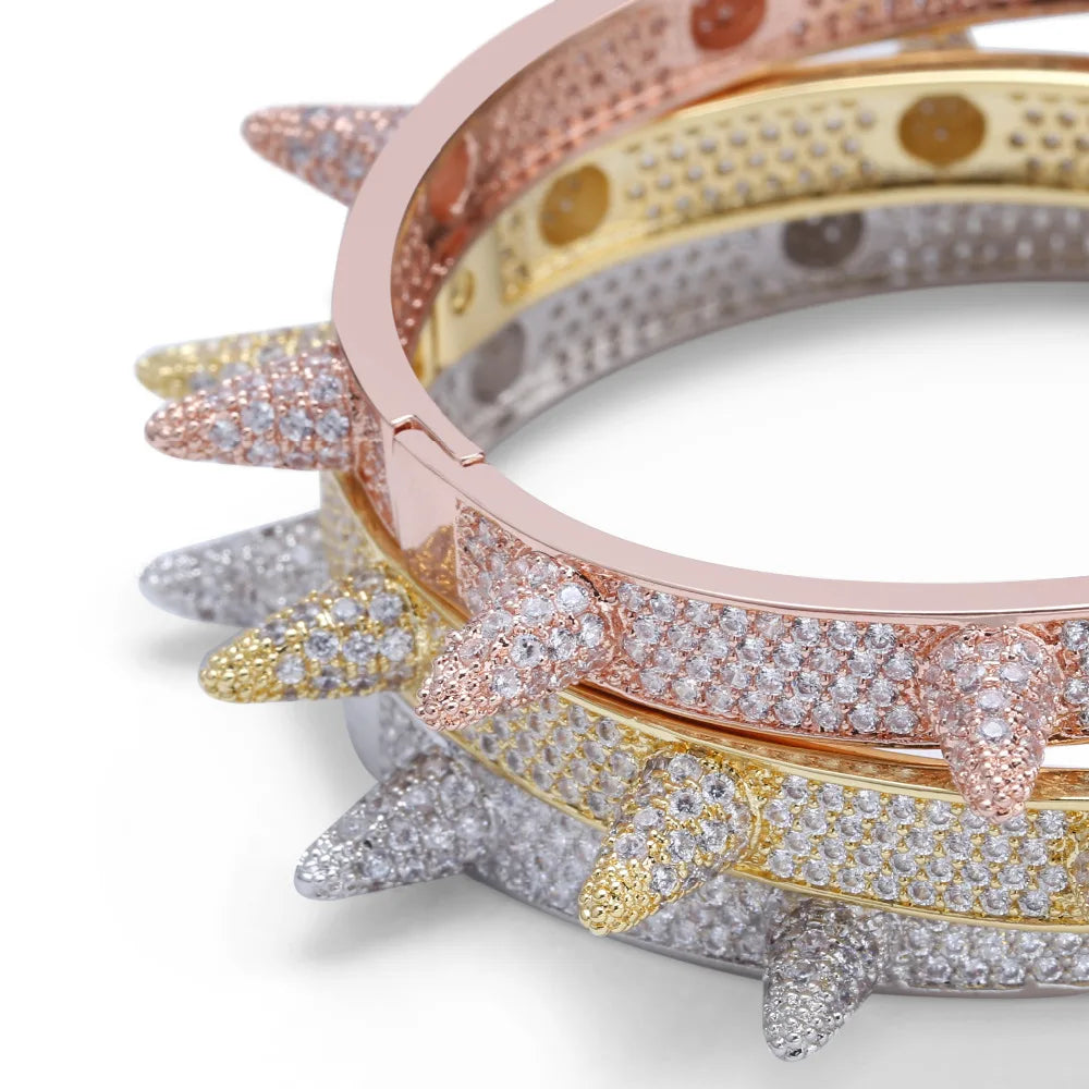 Luxury Iced Out Bling Cubic Zircon Hip Hop Rose Gold Color Silver Color Rivet Bracelets Spike Bangles Gifts for Men Women