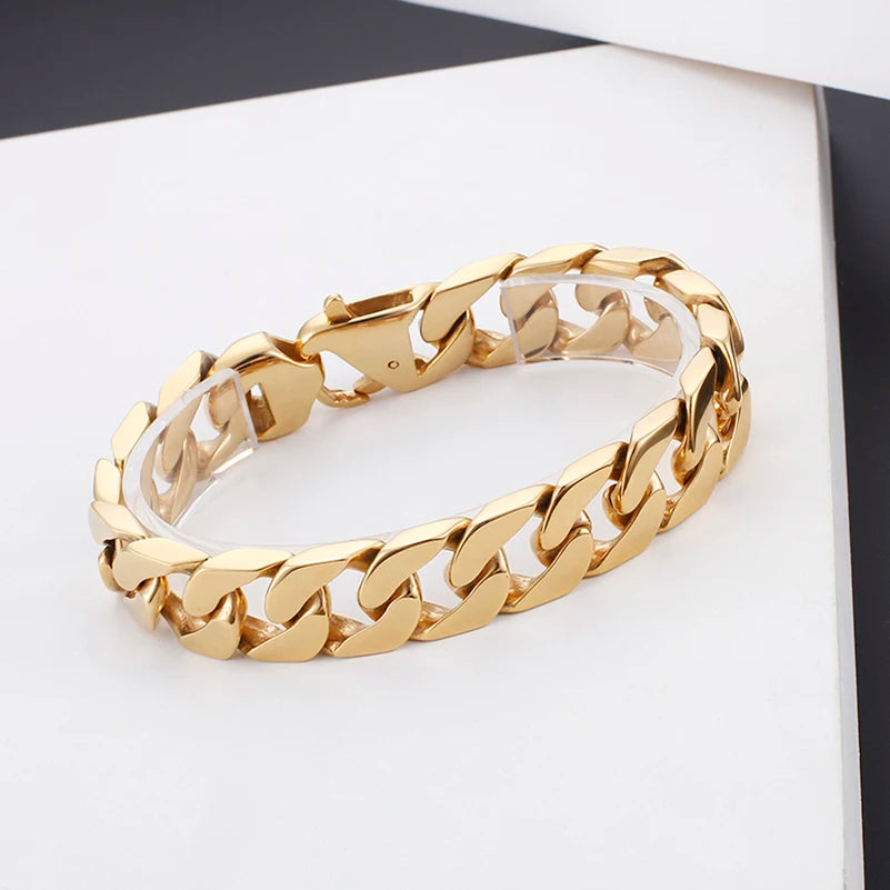 15MM Width Miami Curb Cuban Chain Bracelet For Men Luxury Gold Color 316L Stainless Steel Classic Male Jewelry Gift Wrapped