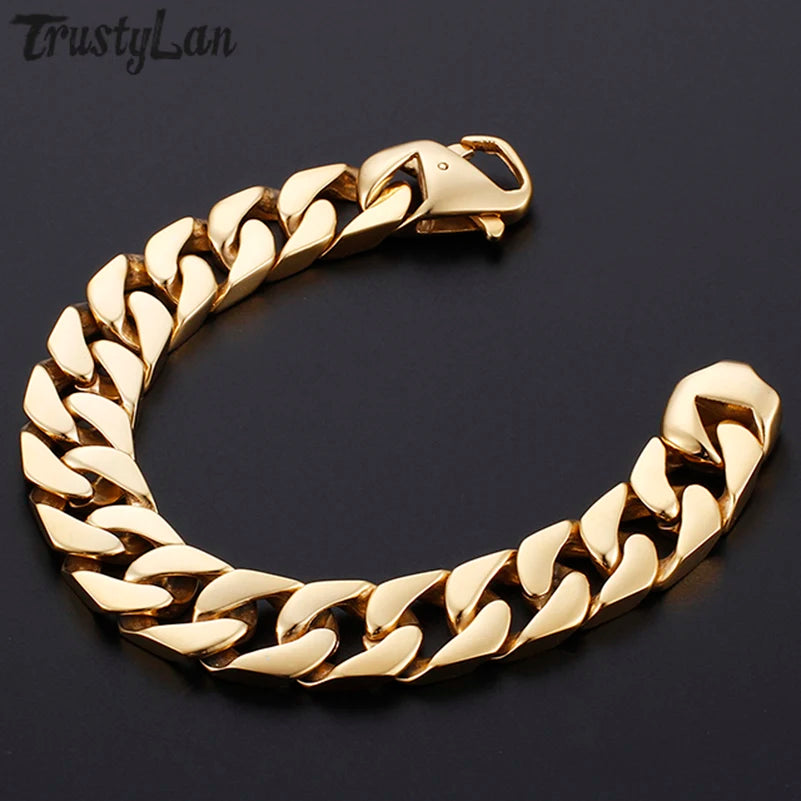 15MM Width Miami Curb Cuban Chain Bracelet For Men Luxury Gold Color 316L Stainless Steel Classic Male Jewelry Gift Wrapped
