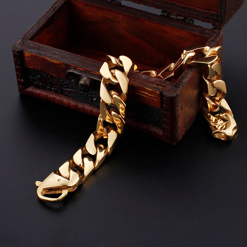 15MM Width Miami Curb Cuban Chain Bracelet For Men Luxury Gold Color 316L Stainless Steel Classic Male Jewelry Gift Wrapped