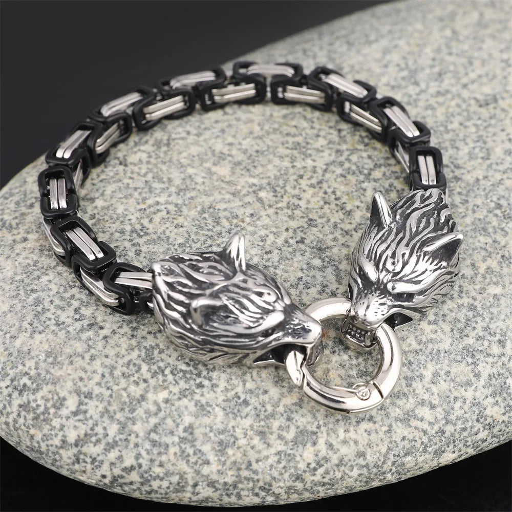 Norse Viking Celtic Wolf Head Bracelet Men Stainless Steel Odin Wolf Bangle Amulet Never Fade Gold Color King Chain Rock Jewelry