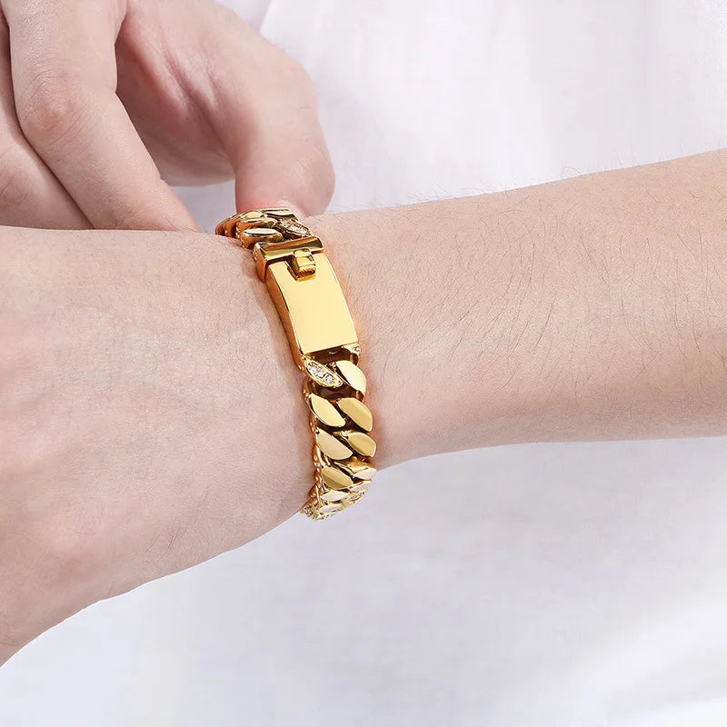 12mm Punk Gold Color CZ Zircon Curb Cuban Chain Bracelet Men Women Hiphop Retro Stainless Steel Charm Biker Bike Bangle Jewelry