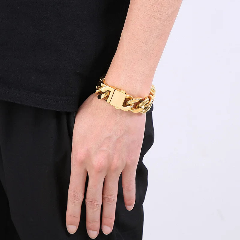 20MM Heavy Punk Retro Cuban Curb Chain Bracelet Bangle Men Women Hiphop Gold Color Stainless Steel Biker Bike Wristband Jewelry