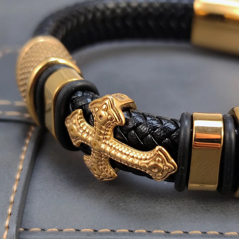 MingAo 2025 Fashion Vacuum Plating Gold Single Layer Cross Leather Bracelet Charm Bracelet Men's Hand Jewelry for Women