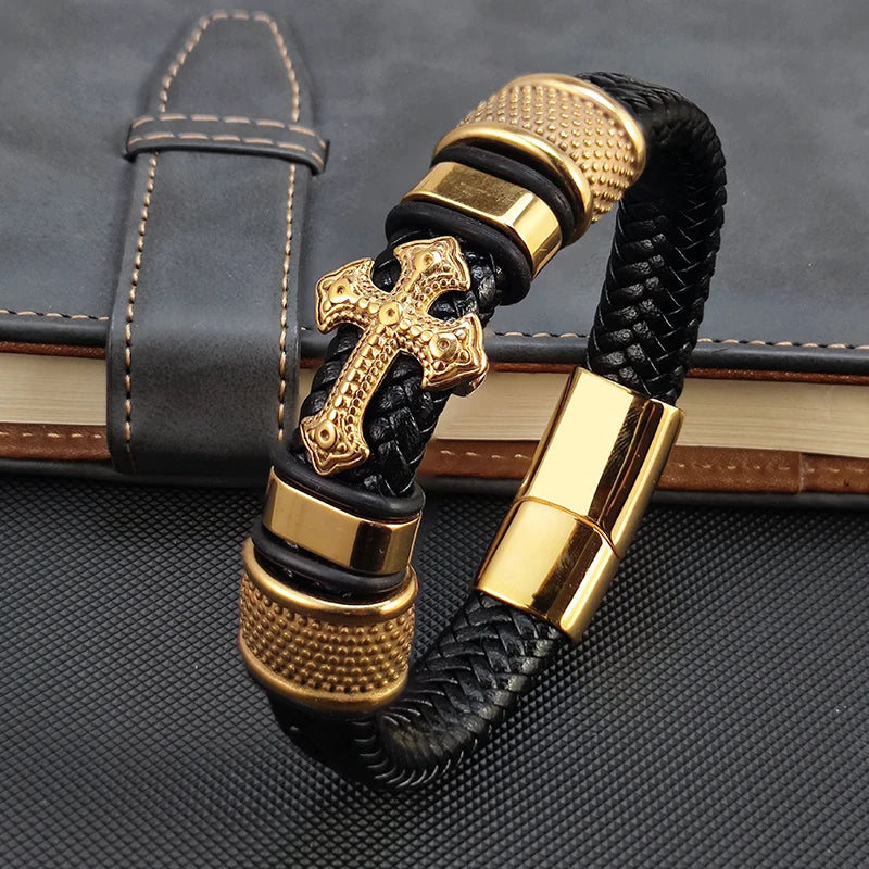 MingAo 2025 Fashion Vacuum Plating Gold Single Layer Cross Leather Bracelet Charm Bracelet Men's Hand Jewelry for Women
