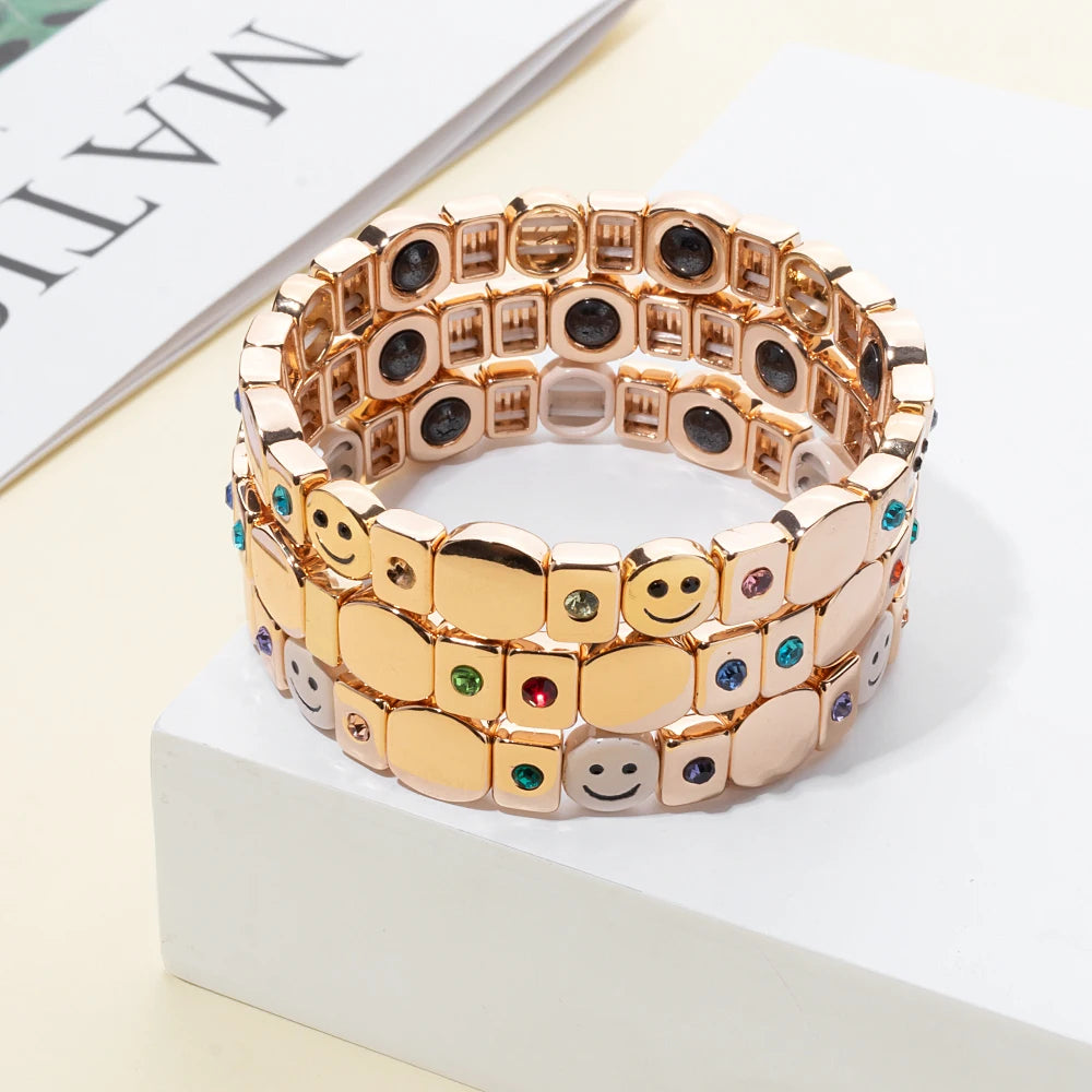 Hot Sales Golden Happy Face Alloy Women Bracelet Inlaid Zirconia Beads Enamel Jewelry 2025