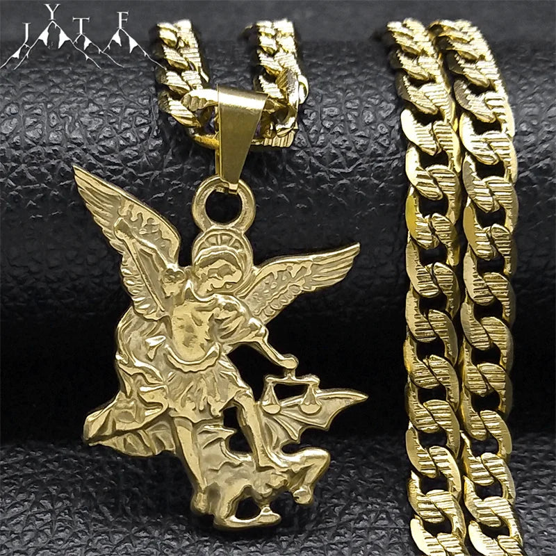 SAINT MICHAEL PROTECT US Archangel Stainless Steel Pendant Necklace for Women Men Gold Color Necklace Choker Jewelry Collares