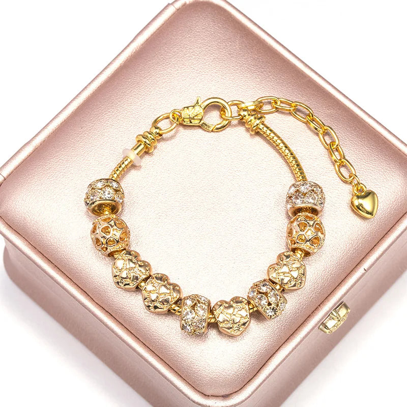 Women's DIY Alloy Large Hole Bead Bracelet with Gold Plated Zircon Beads, European Bead Bracelet Jewelry