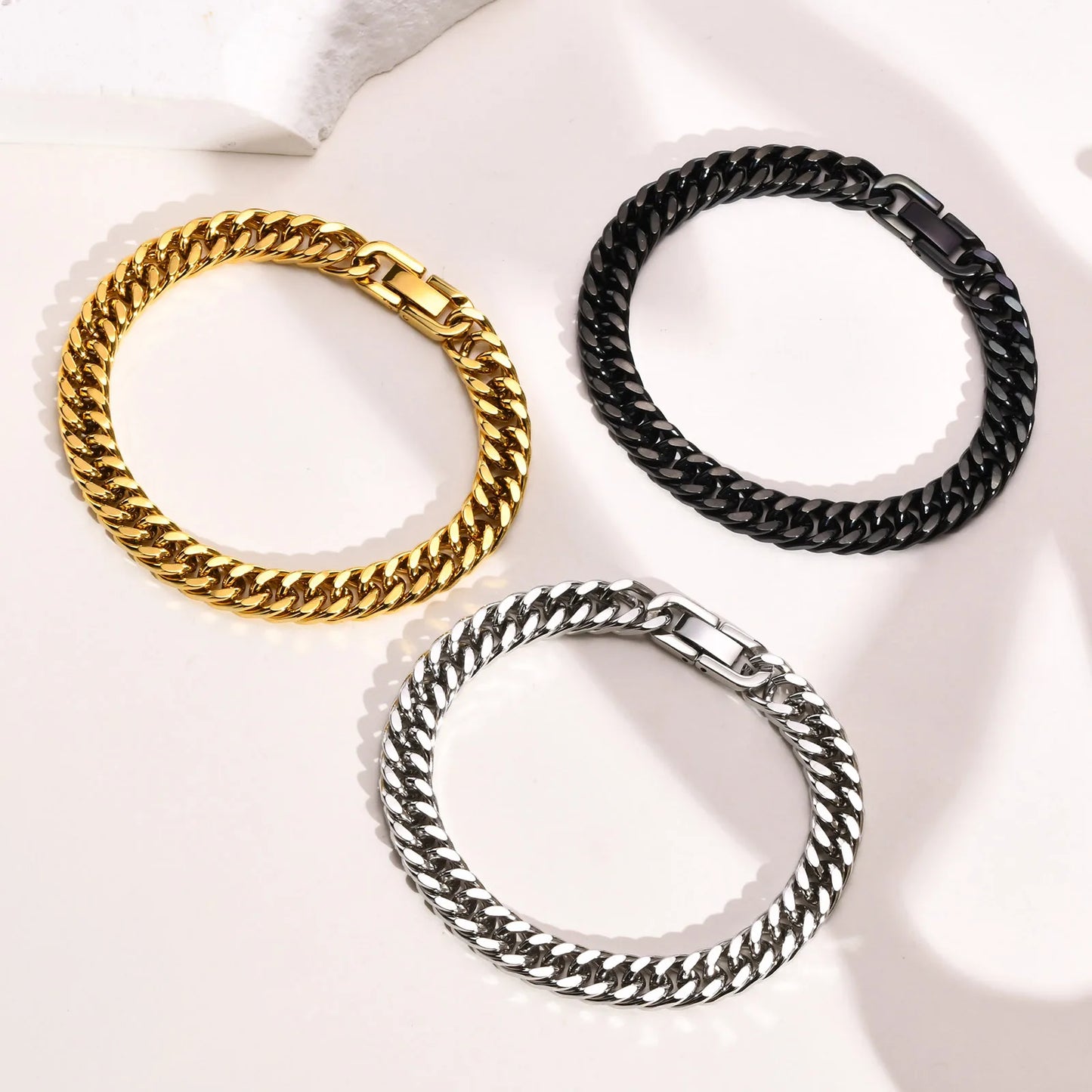 Stylish Double Curb Chain Bracelets for Men Boys,8/10/12/15mm Stainless Steel Miami Link Wristband,Punk Jewelry Gifts