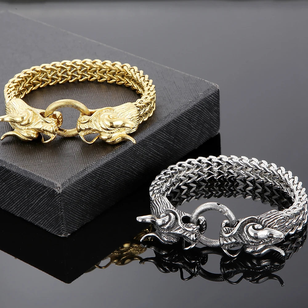 Steampunk Skull Lion Dragon Head Bracelet For Men Luxury 18K Gold Color Stainless Steel Men's Hand Bracelets Gothic Jewelry