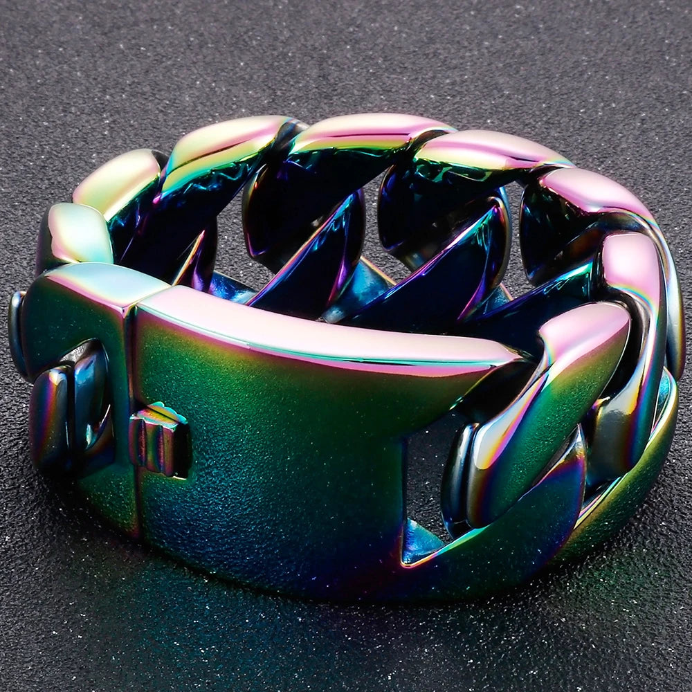 Men's Heavy Big Chunk 32MM Width Curb Cuban Link Chain Bracelet Blue Rainbow 316L Stainless Steel Jewelry Birthday Gifts