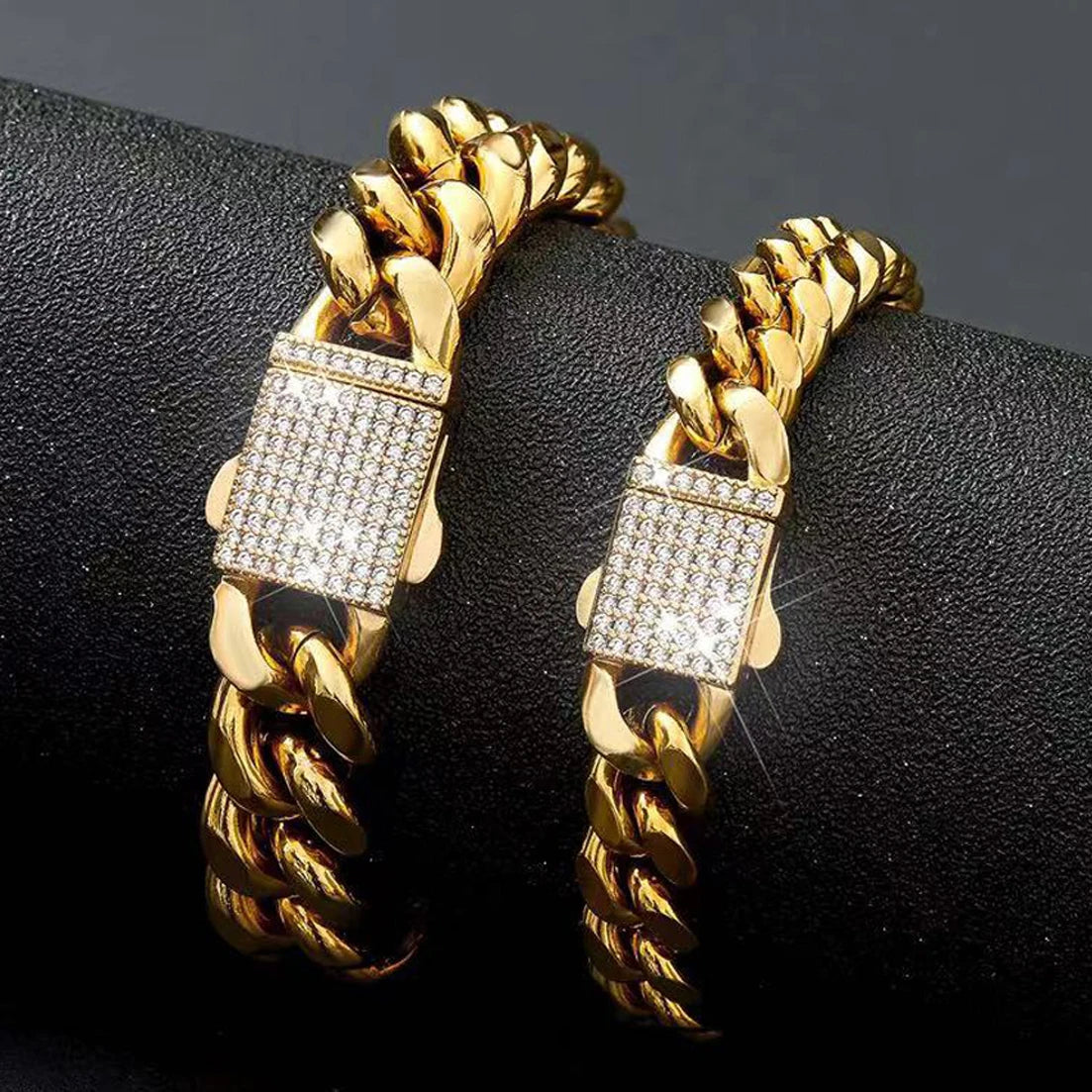 Hip Hop Jewelry 6mm-14mm Any Length 316L Stainless Steel Crystal Buckle Fashion Women Men's Miami Chain Bangle Bracelet