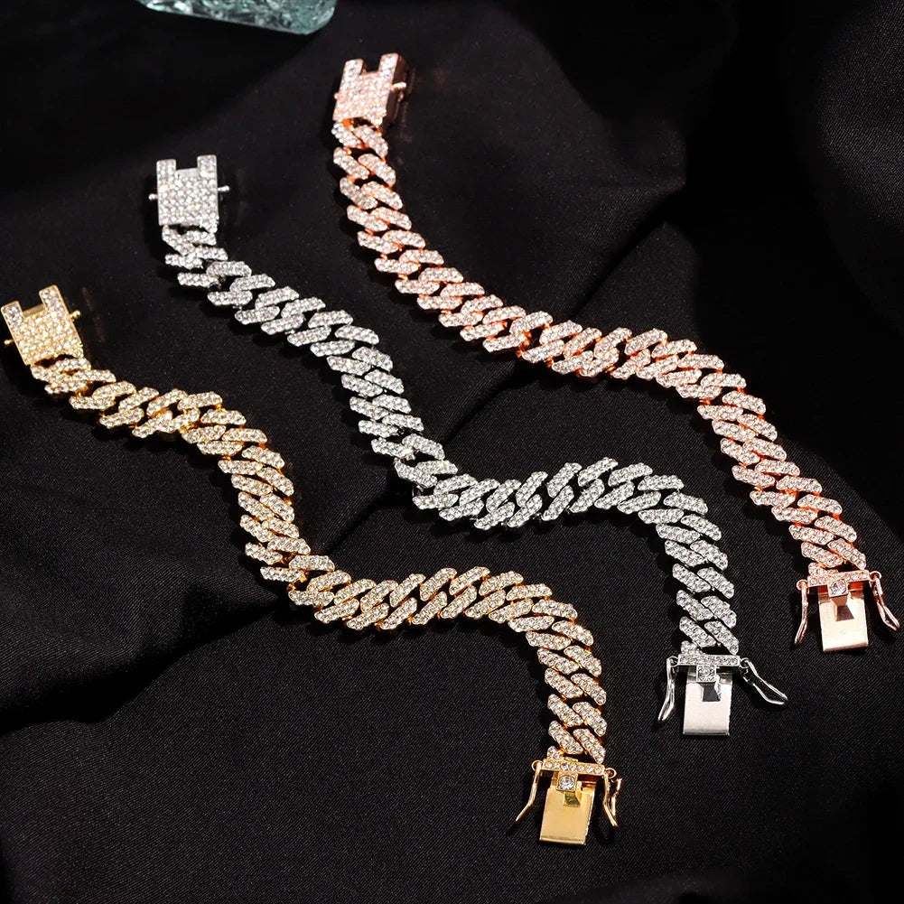 12MM Rhinestones Prong Iced Out Cuban Link Chain Hip Hop Bracelet Men Women Gold Color Bling Cuban Bracelet Jewelry A+