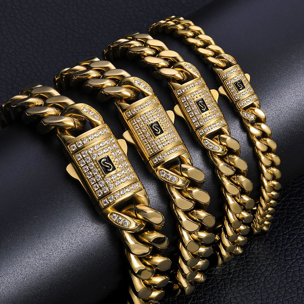 NY 7/9/11/13MM Stainless Steel Cuban Link Chains Shiny Cubic Zirconia Clasp Personalize Monaco Bracelet for Men Hiphop Jewelry