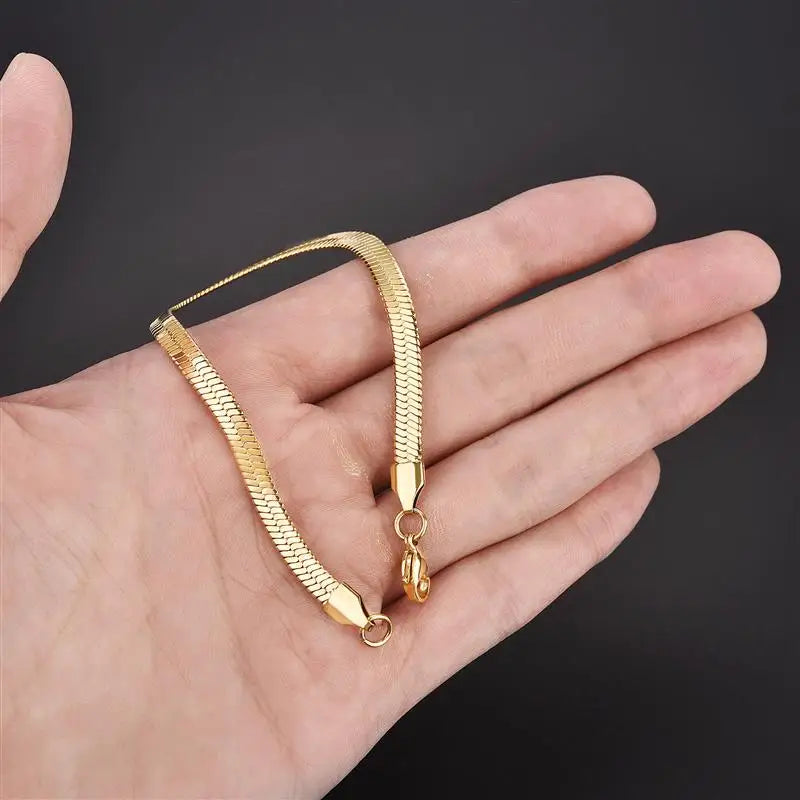 High Quality Gold Plated Stainless Steel Flat Bracelet Waterproof Filmy Snake Chain for Men Women Classic Bracelets Jewellery