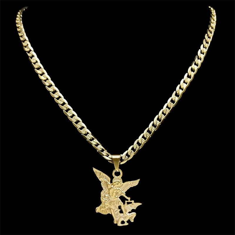 SAINT MICHAEL PROTECT US Archangel Stainless Steel Pendant Necklace for Women Men Gold Color Necklace Choker Jewelry Collares