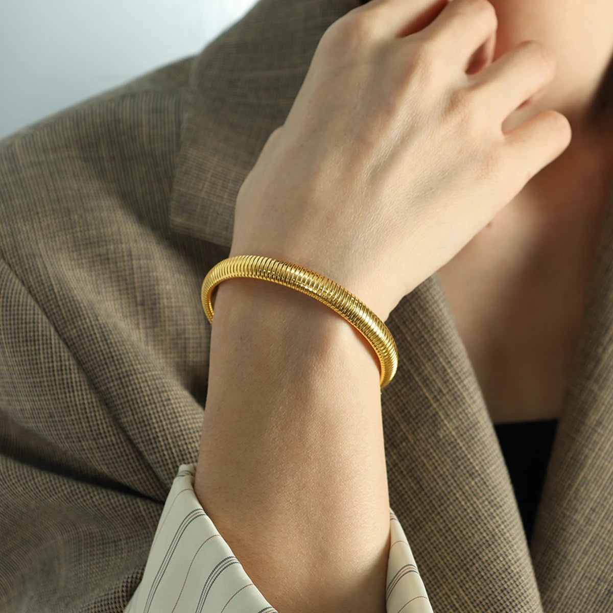 Elastic Stainless Steel Texture Flex Snake Chain Cuff Bracelet 18k Gold Plated Wide Bracelet Bangle Fashion Jewelry Women Gift