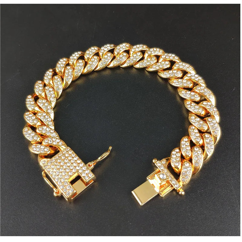 13mm Hip Hop Shiny Cuban Link Chain Bracelets Women Men Gold Color Rhinestone Iced Out Chain Bracelets Punk Wristband Jewelry