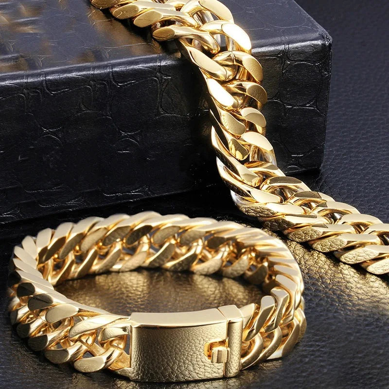 personality Luxury Gold Colour Stainless Steel Cuban Bracelet Retro Men Hip Hop Silver Colour Jewelry Male Hip Hop Jewelry