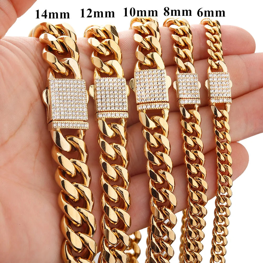 Hip Hop Jewelry 6mm-14mm Any Length 316L Stainless Steel Crystal Buckle Fashion Women Men's Miami Chain Bangle Bracelet