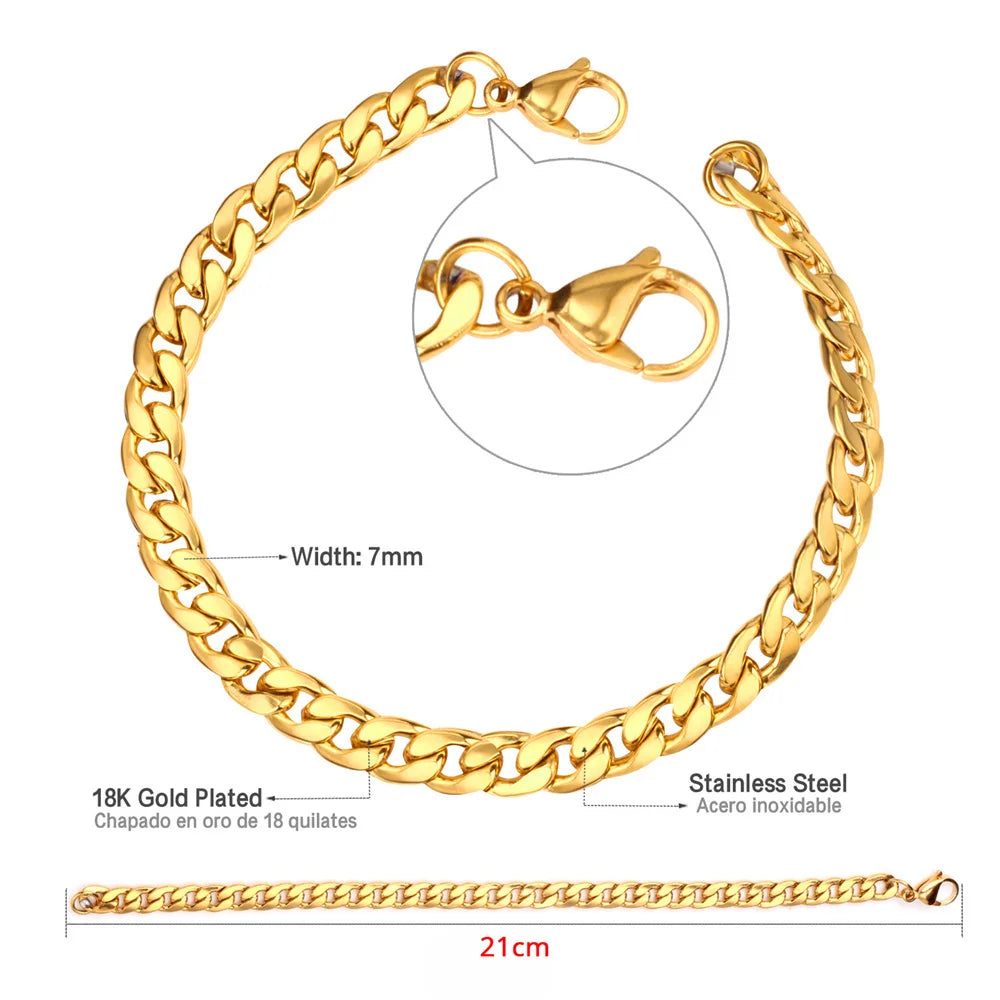 Punk 7mm Curb Cuban Link Chain Bracelet Gold Silver Color Stainless Steel Hand Chain For Men Women Hip Hop Party Jewelry Gift