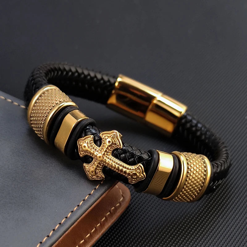 MingAo 2025 Fashion Vacuum Plating Gold Single Layer Cross Leather Bracelet Charm Bracelet Men's Hand Jewelry for Women