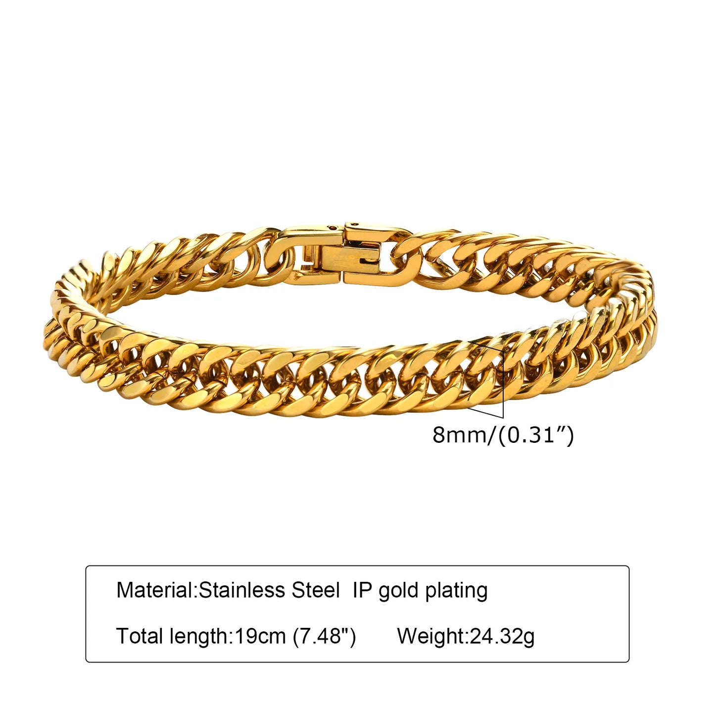 Stylish Double Curb Chain Bracelets for Men Boys,8/10/12/15mm Stainless Steel Miami Link Wristband,Punk Jewelry Gifts