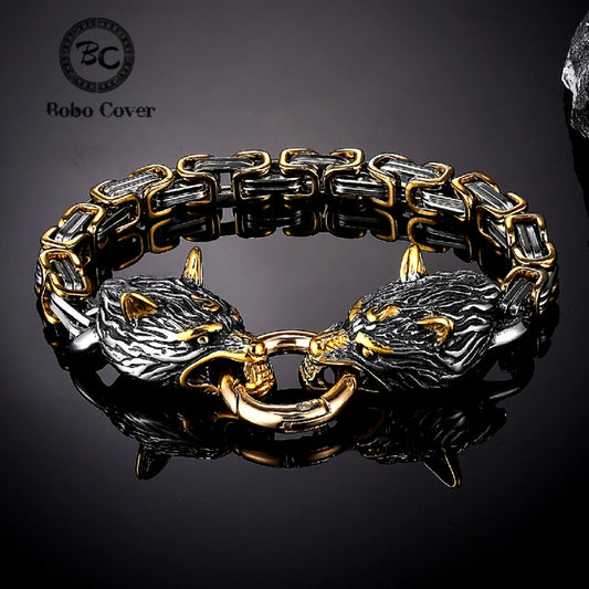 Norse Viking Celtic Wolf Head Bracelet Men Stainless Steel Odin Wolf Bangle Amulet Never Fade Gold Color King Chain Rock Jewelry