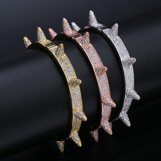 Luxury Iced Out Bling Cubic Zircon Hip Hop Rose Gold Color Silver Color Rivet Bracelets Spike Bangles  Gifts for Men Women