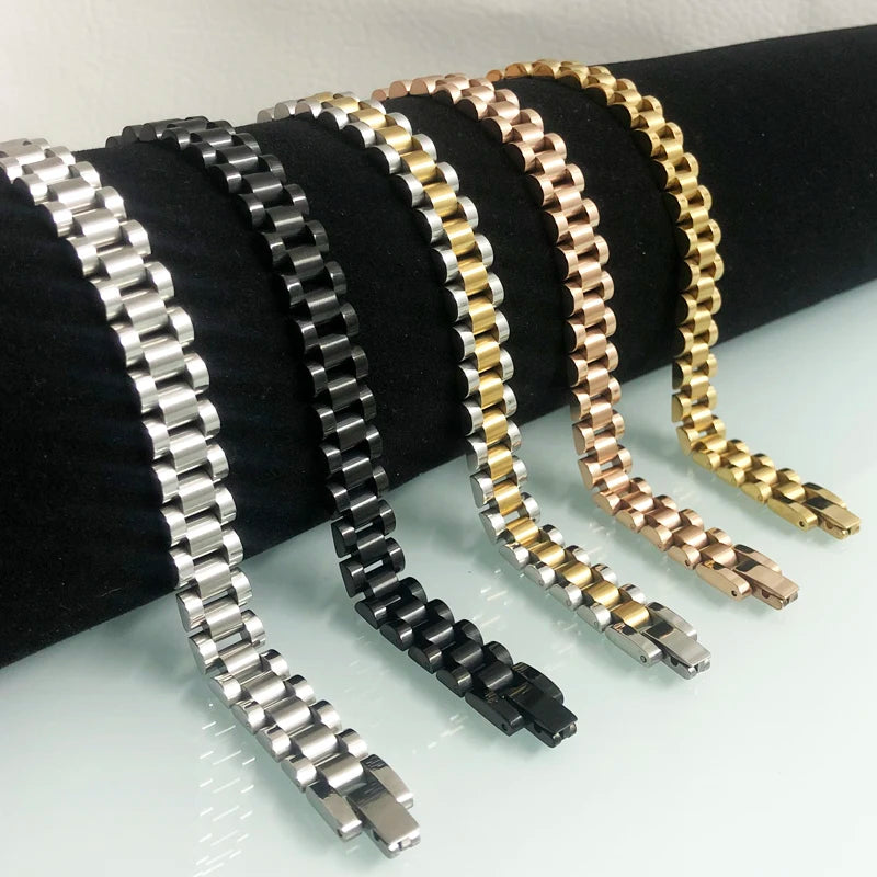10MM Watch Chain Style Men's Bracelets For Women Man Ladies Gold Color Stainless Steel Mannen Armband Male Jewellery Accessories