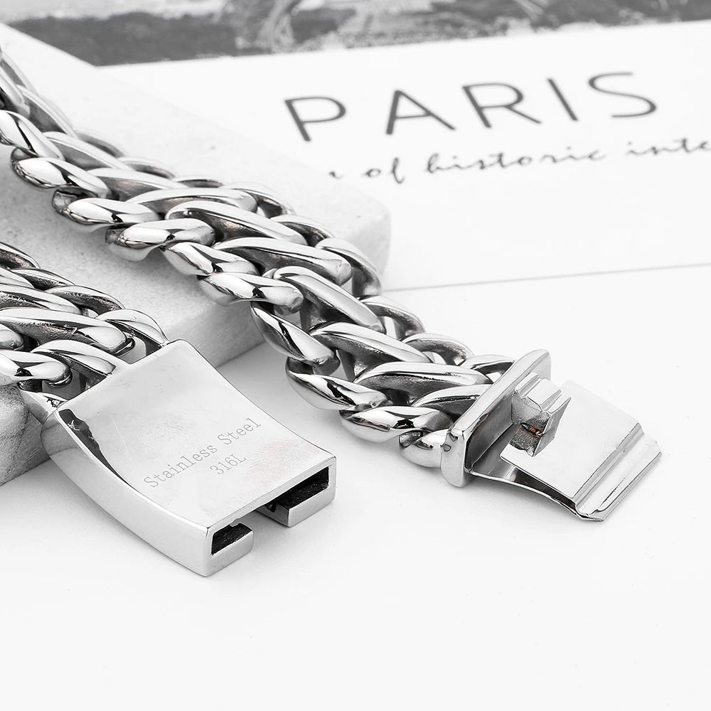 Buddha Bracelet with Logo Double Curb Cuban Chain Bracelet Mens 316L Stainless Steel Wristband Bangle Silver color Tone 23mm