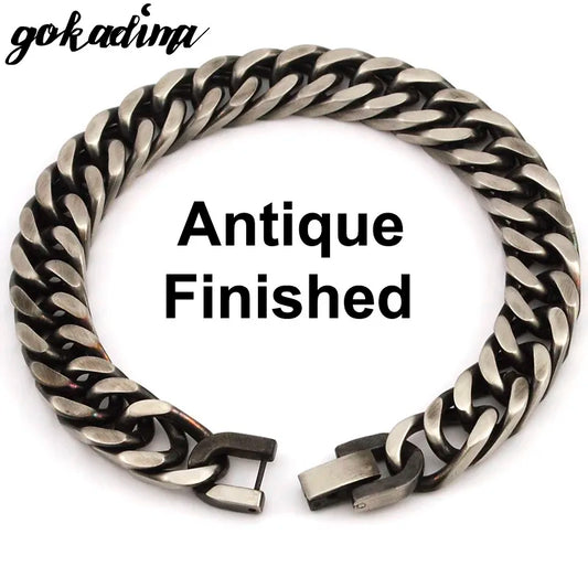 GOKADIMA 2025 Rock Man  Antique Finished Stainless Steel Cuban Chain Bracelet Men Wrist Hand Jewelry Gift Party