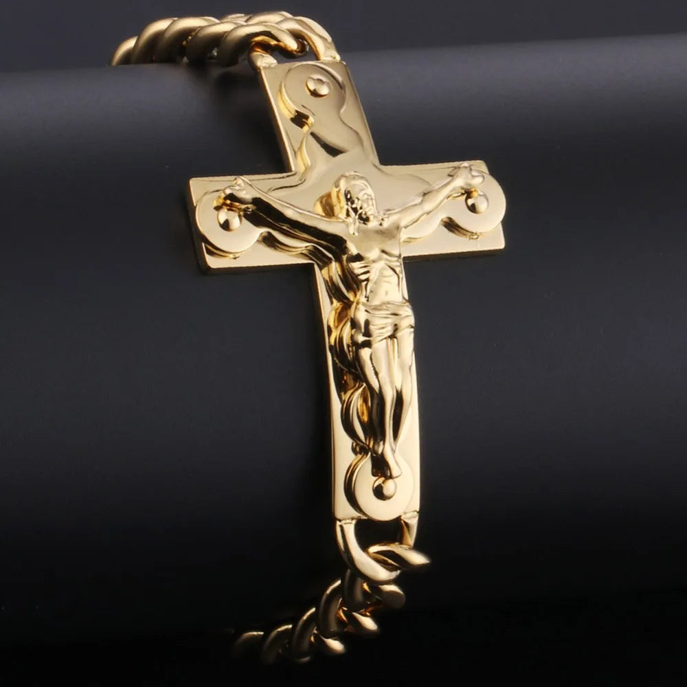 Crucifix Jesus Cross Charm Bracelets Stainless Steel Cuff Bracelets for Men Metal Cuban Hand Chain Religious Male Punk Jewelry