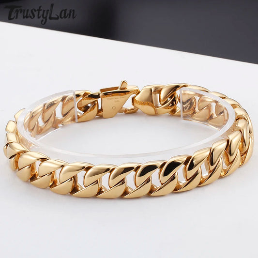 Gold Color Stainless Steel Miami Cuban Curb Link Chain Bracelet for Men Classic Friends Men's Bracelets Jewelry Accessories
