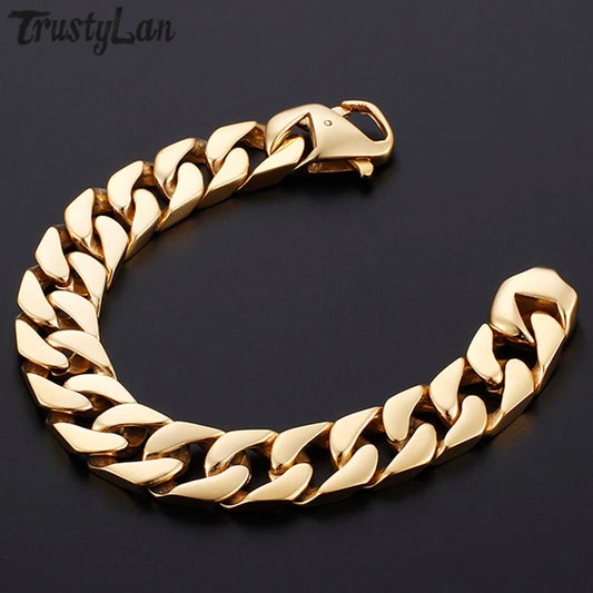 15MM Width Miami Curb Cuban Chain Bracelet For Men Luxury Gold Color 316L Stainless Steel Classic Male Jewelry Gift Wrapped