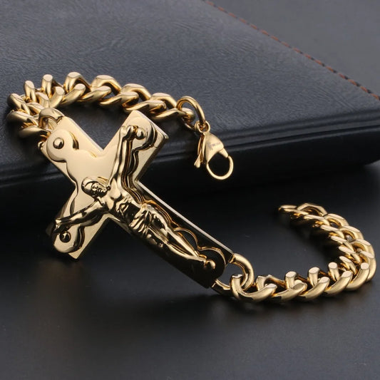 Crucifix Jesus Cross Charm Bracelets Stainless Steel Cuff Bracelets for Men Metal Cuban Hand Chain Religious Male Punk Jewelry
