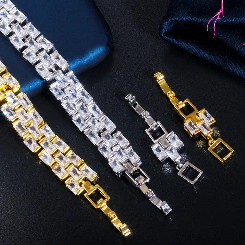 CWWZircons Shiny African Dubai Gold Color Baguette Cubic Zirconia Tennis Bracelet for Women Wedding Brides Party Jewelry CB222