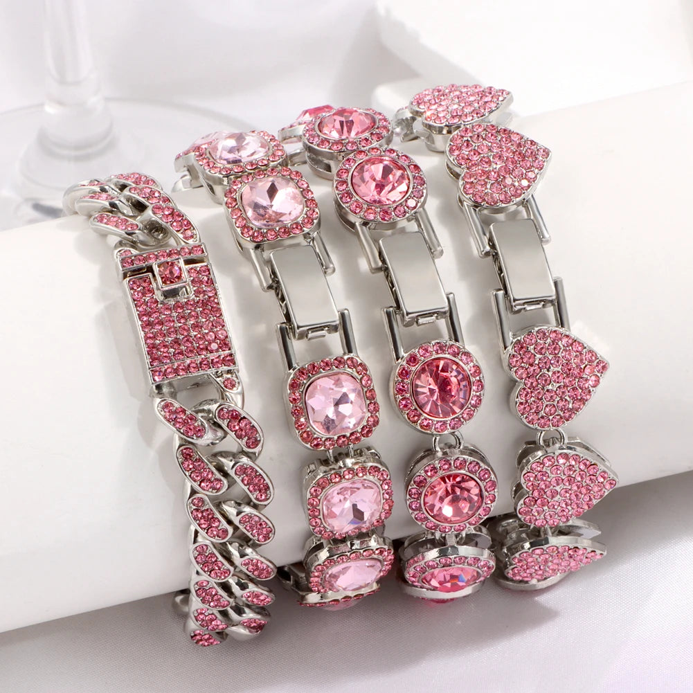 Iced Out Pink Rhinestone Paved Heart Cuban Chain Bracelet for Women Bling Chunky Tennis Chain Bracelets Fashion Hiphop Jewelry