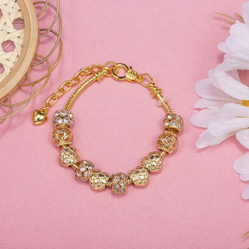 Women's DIY Alloy Large Hole Bead Bracelet with Gold Plated Zircon Beads, European Bead Bracelet Jewelry