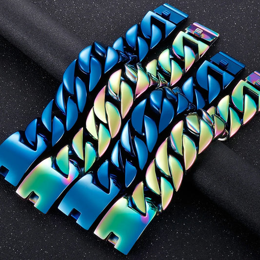 Men's Heavy Big Chunk 32MM Width Curb Cuban Link Chain Bracelet Blue Rainbow 316L Stainless Steel Jewelry Birthday Gifts
