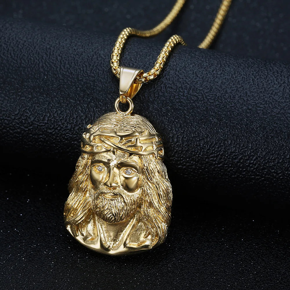 Fashion Hip Hop Stainless Steel PVD Gold Colour Jewelry Crystal Charms Jesus Religion Pendants Necklace Men