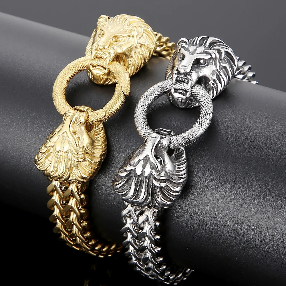 Steampunk Skull Lion Dragon Head Bracelet For Men Luxury 18K Gold Color Stainless Steel Men's Hand Bracelets Gothic Jewelry