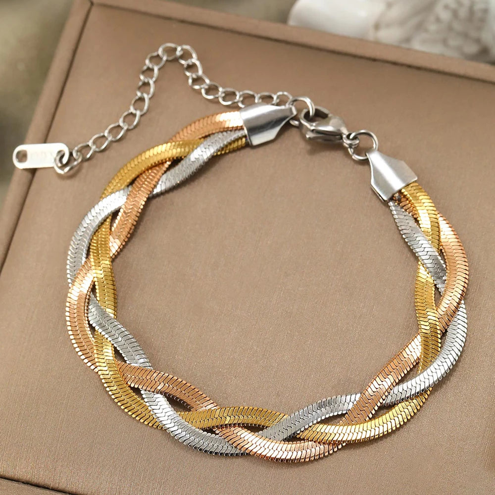 DOTIFI Stainless Steel Tricolor Blade Chain Braided Bracelet Simple Fashion Design Daily Wear Jewelry Party Gifts for Women