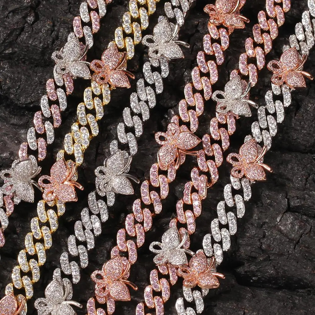 Uwin 9mm Cuban Bracelet With Butterfly 9inch Ankle Mini Butterfly Pink Cz Punk Miami Link Bling Bling Hip Hop Jewelry For Gift