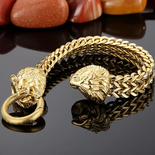 Steampunk Skull Lion Dragon Head Bracelet For Men Luxury 18K Gold Color Stainless Steel Men's Hand Bracelets Gothic Jewelry