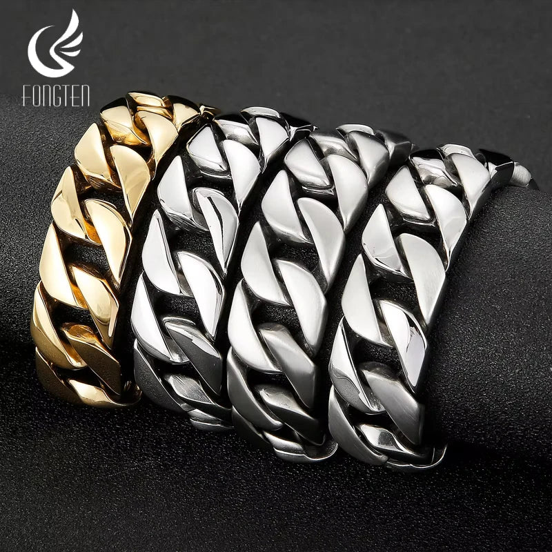 Fongten 22cm Cuban Chain Bracelets For Men Stainless Steel Shiny Brushed Bangle Bracelets Men Curb Gold Silver Color Jewelry